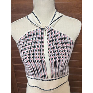 CLUB MONACO Halter Top Raeni Criss Cross Straps Open Back Stretchy Knit Tank M